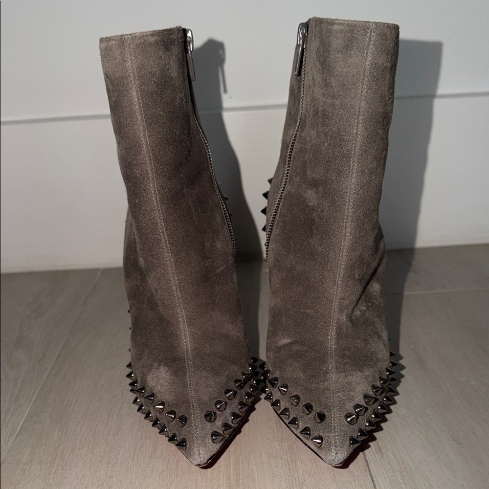 Christian Louboutin Gray Suede Pointed Ankle Booties with Stud Accents